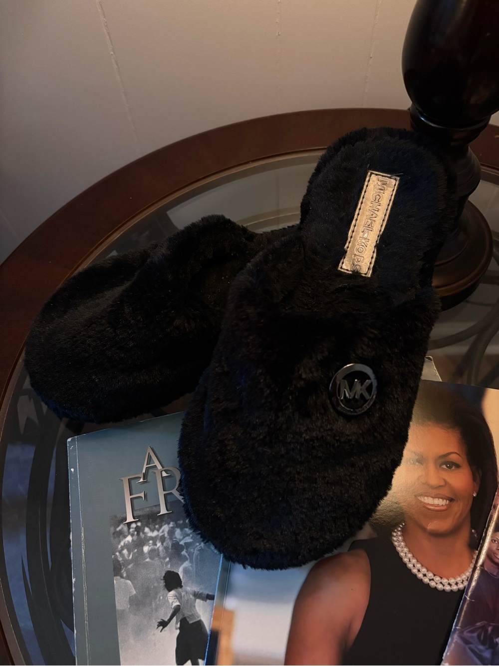Michael Kors Black Faux-Fur Slip-On Slippers